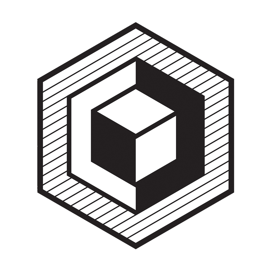 Chris Plumb's geometric logo mark - a black and white illustration of a cube within a hexagon.
