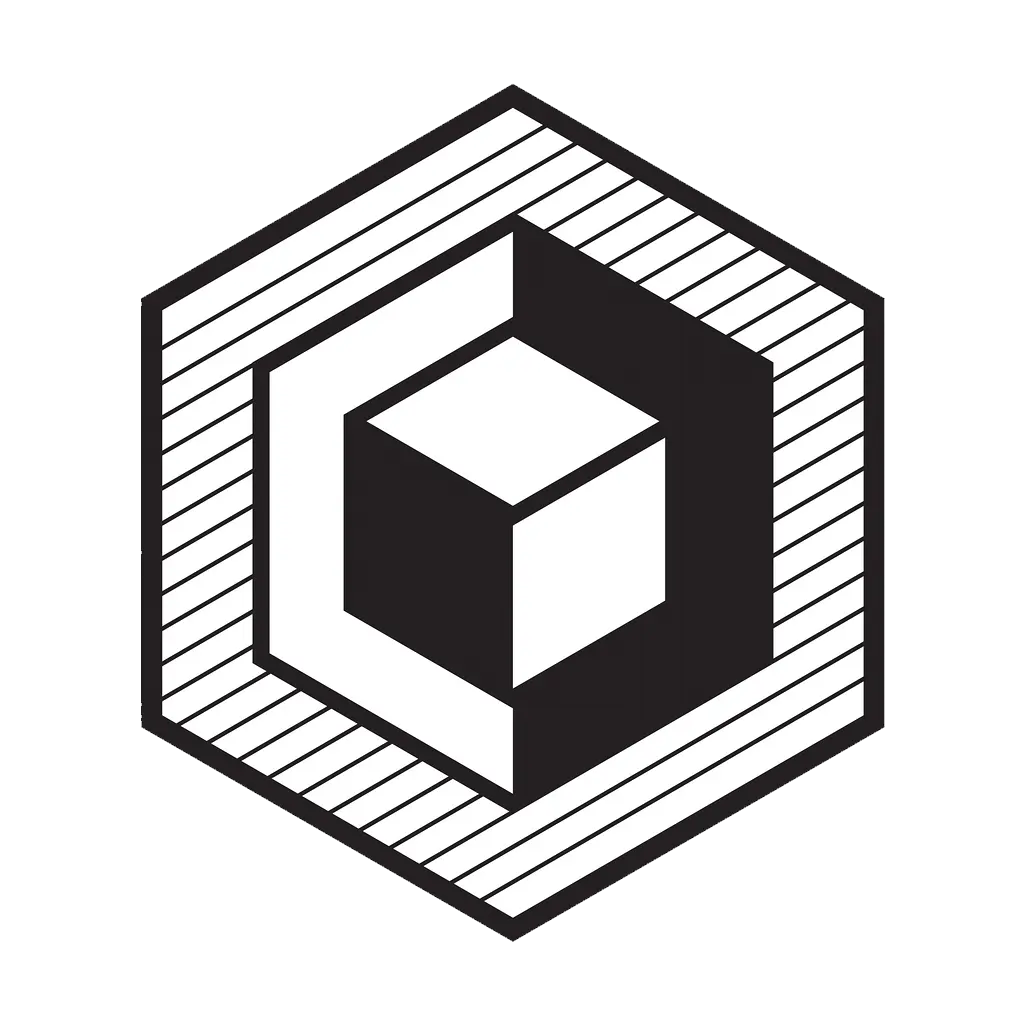 Chris Plumb's geometric logo mark - a black and white illustration of a cube within a hexagon.