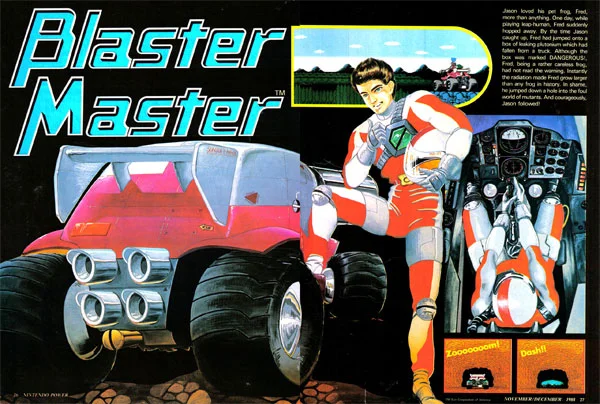 A spread from the original Nintendo Power feature showing off key art from Blaster Master.