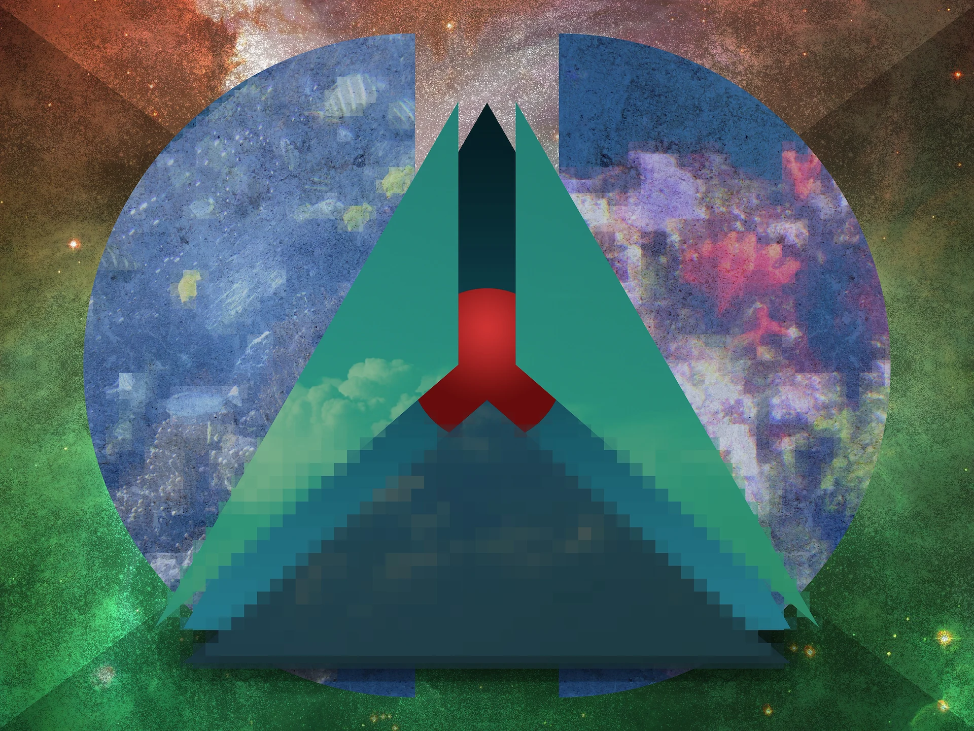 A digital illustration showing a red orb emerging from a green pyramid, with visions of the sky, the ocean, and space in the periphery.