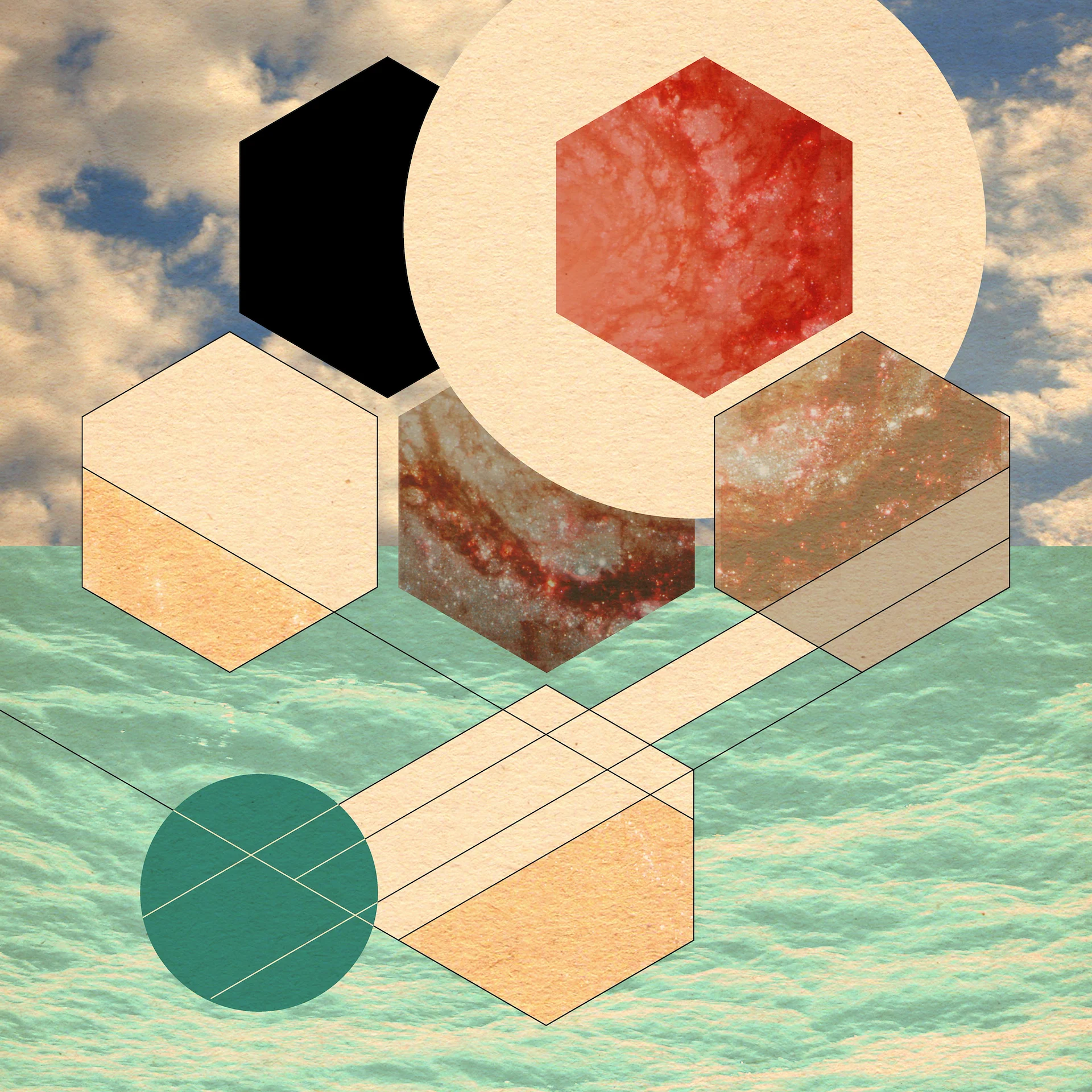 A mixed-media photo illustration made of geometric shapes and photographs of the sea and the stars.