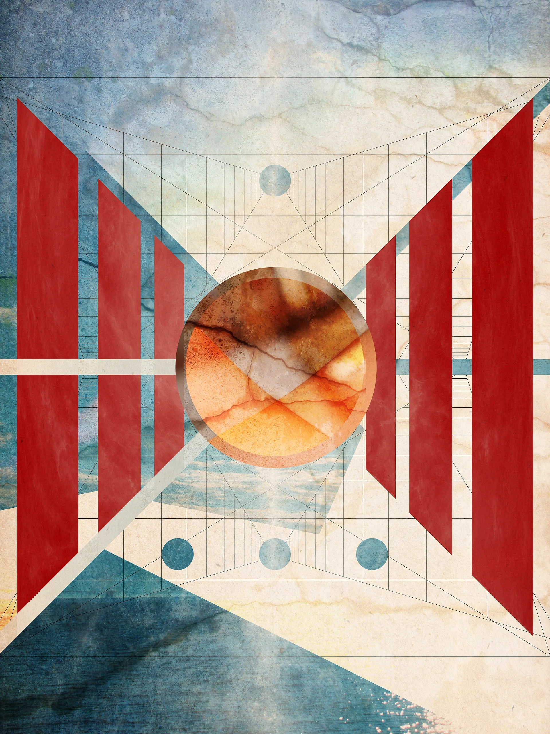 A digital collage showing images of the ocean, broken concrete, sacred geometry, with blood reds and deep blues.