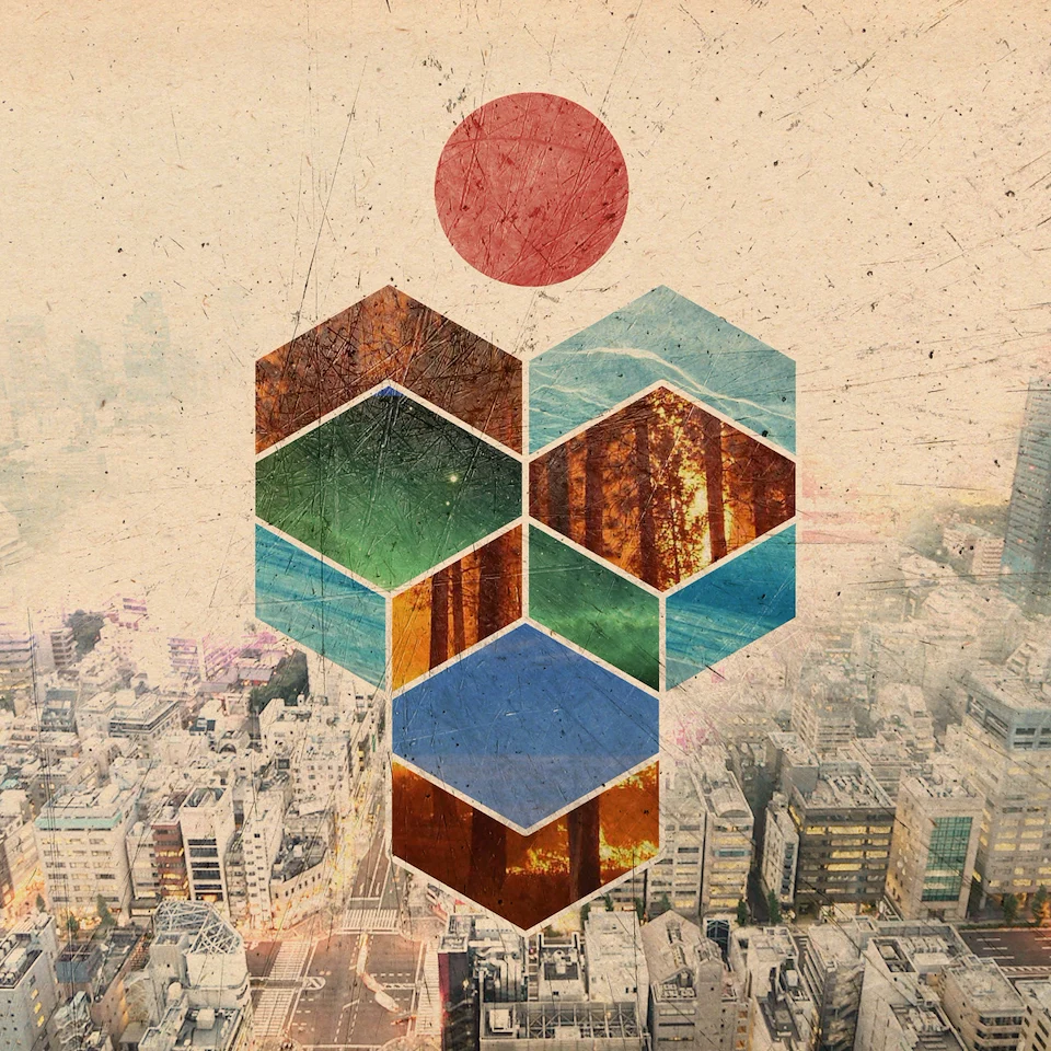 A digital collage showing the the elements of nature (air, fire, water, earth) suspended in geometric shapes above a photograph of a city.
