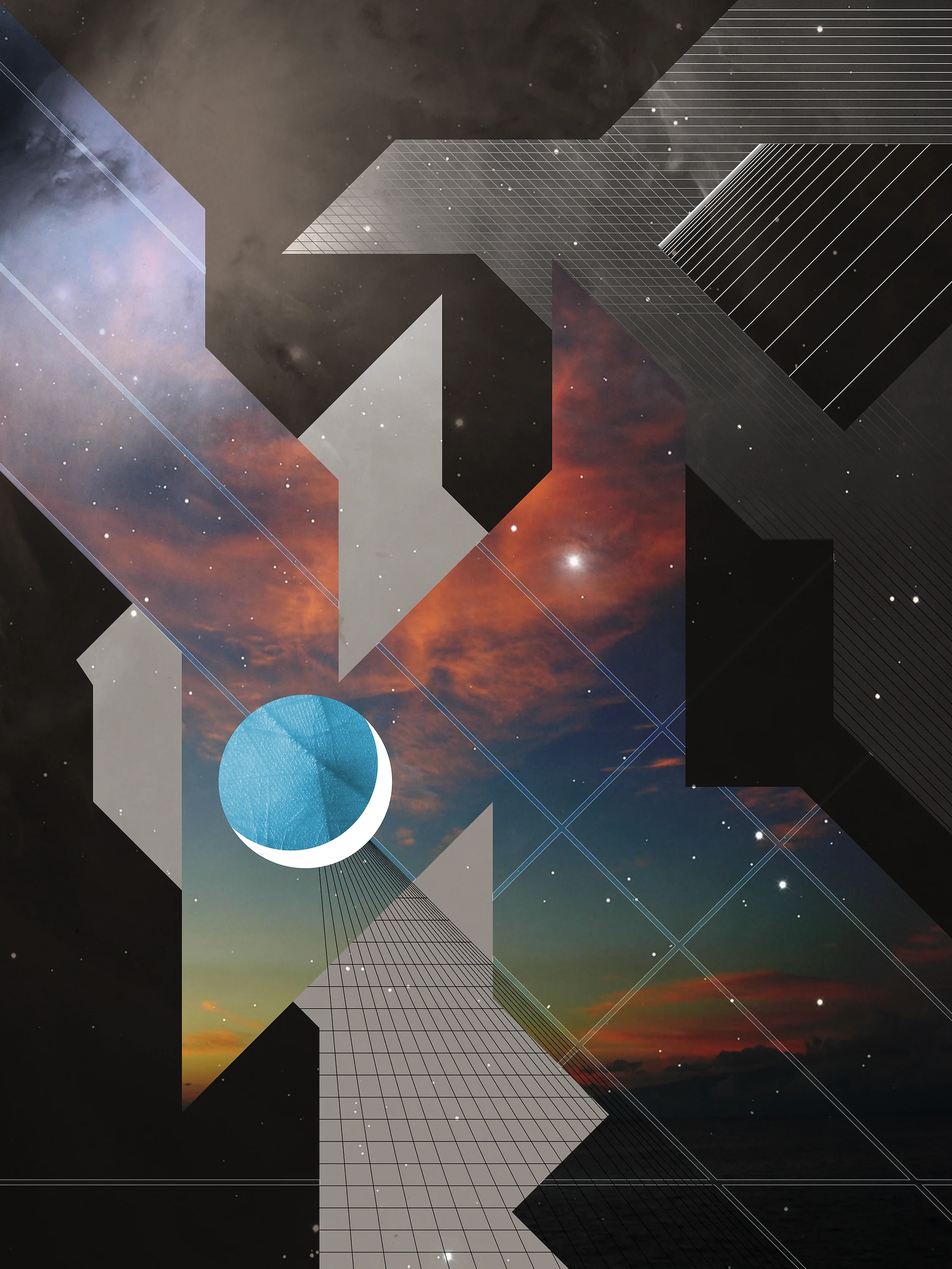 A psychedelic illustration depicting gridlines, outer space, a crescent moon, a night sky, and a photograph of the lines in my hand.