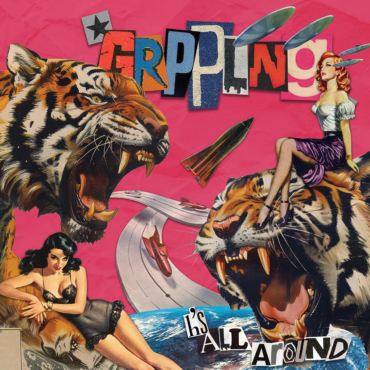 The cover for GRPPLNG's first EP - a digital collage made up of vintage pulp cutouts including tigers, spaceships, and sexy ladies, oh-la-la.