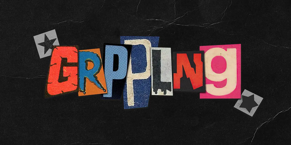 GRPPLNG band logo, made up of cutout letters from various vintage magazines, advertisements, and comic books; ransom-note-style.
