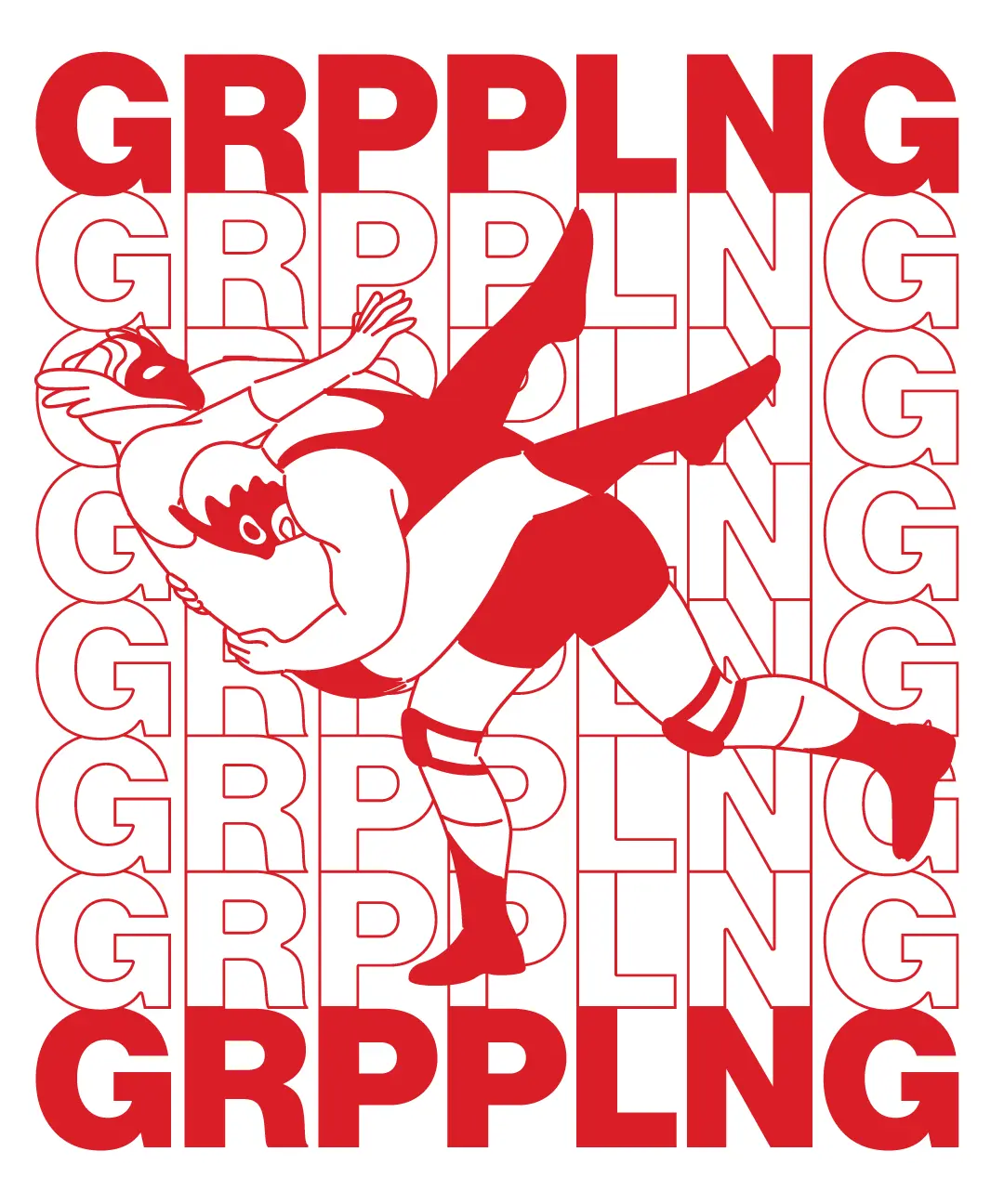 T-shirt design for GRPPLNG, featuring two luchadores fighting in front of repeated text with the band's name.
