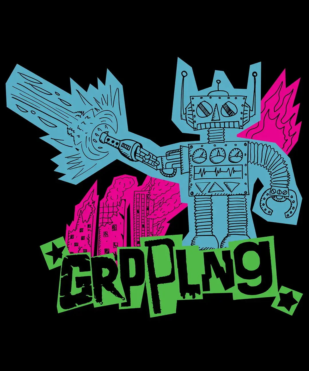 T-shirt design for GRPPLNG, featuring a giant, retro-style robot destroying a city atop the band's logo.