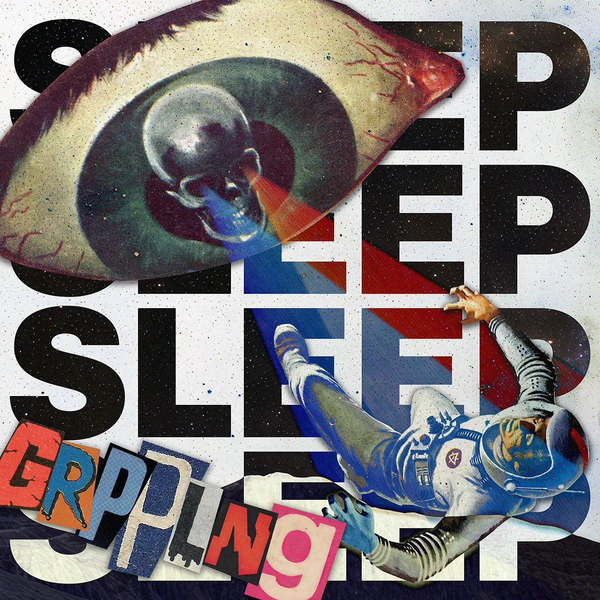 Cover art for GRPPLNG's single 'Sleep,' featuring a giant evil eyeball with a skull in its pupil shooting 3D laser rays at an astronaut. Don't worry, he's just... sleeping.