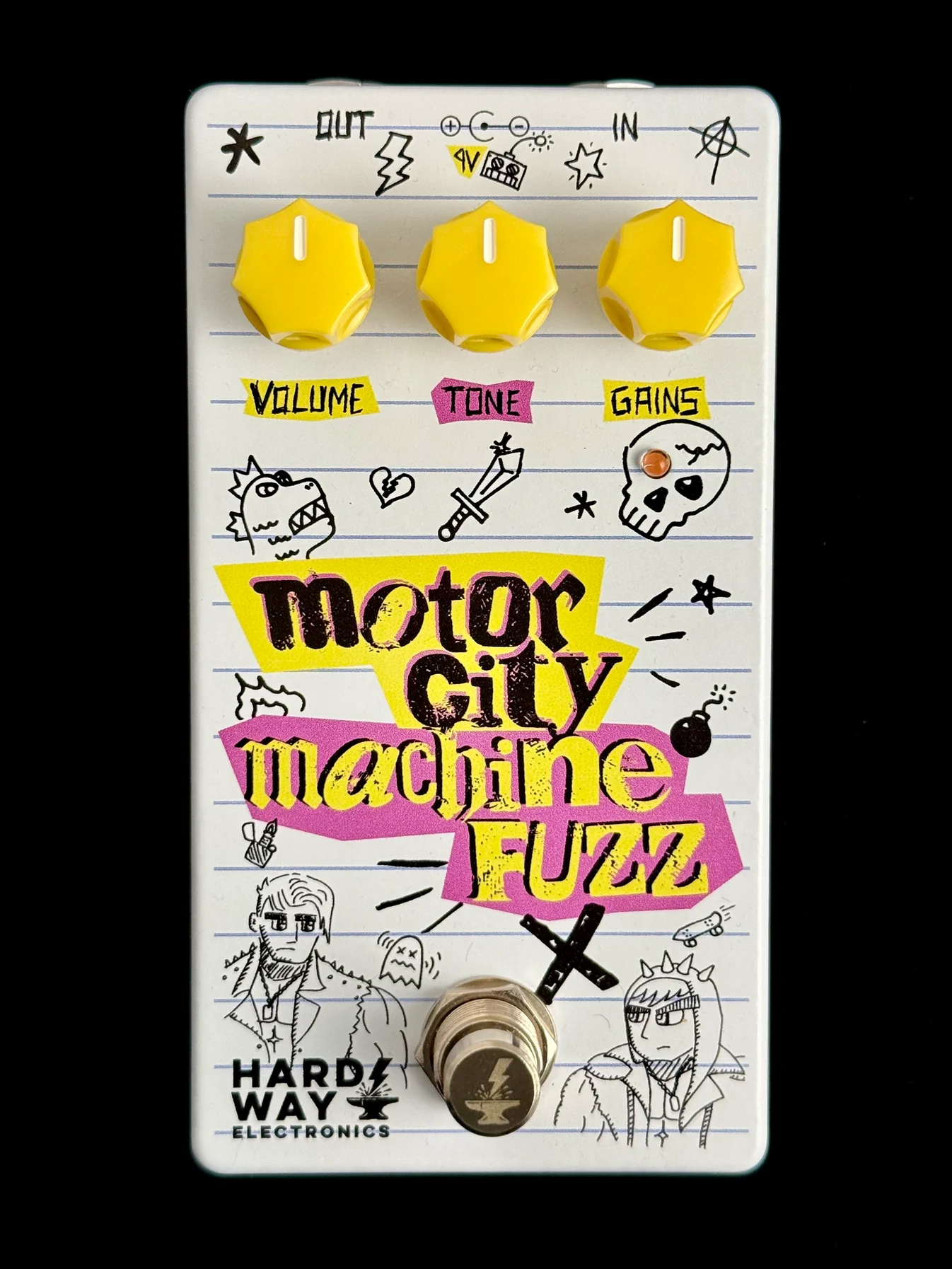 A top-down view of the Motor City Machine Fuzz guitar effects pedal, featuring hand drawn illustrations by Chris Plumb.