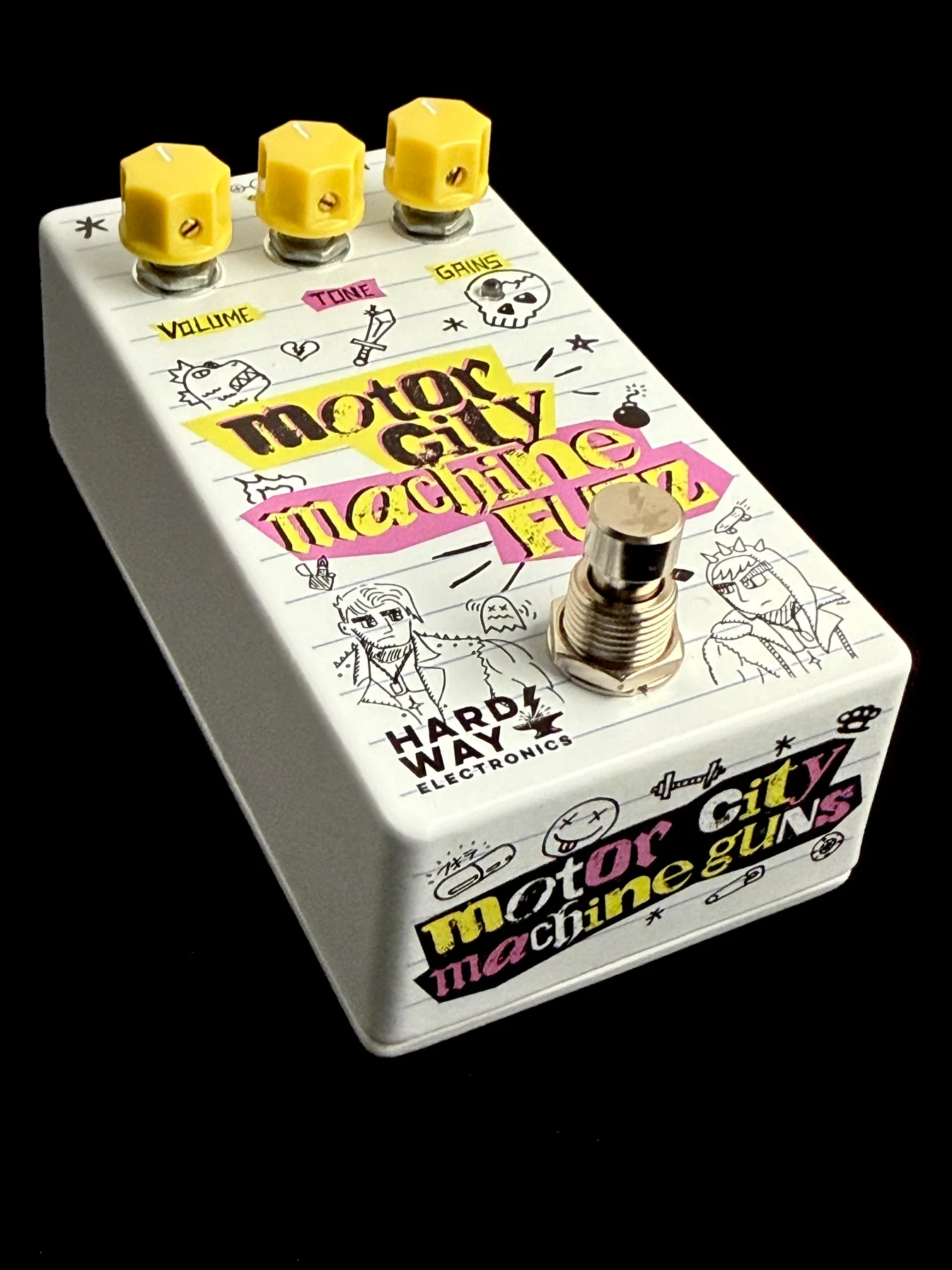 An angled view of the Motor City Machine Fuzz guitar effects pedal, featuring hand drawn illustrations by Chris Plumb.
