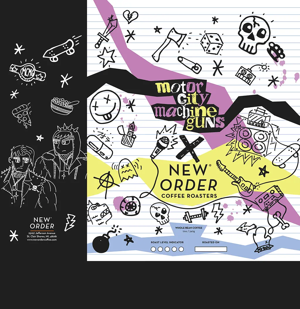 Final artwork for the New Order Coffee and Motor City Machine Guns collaboration.
