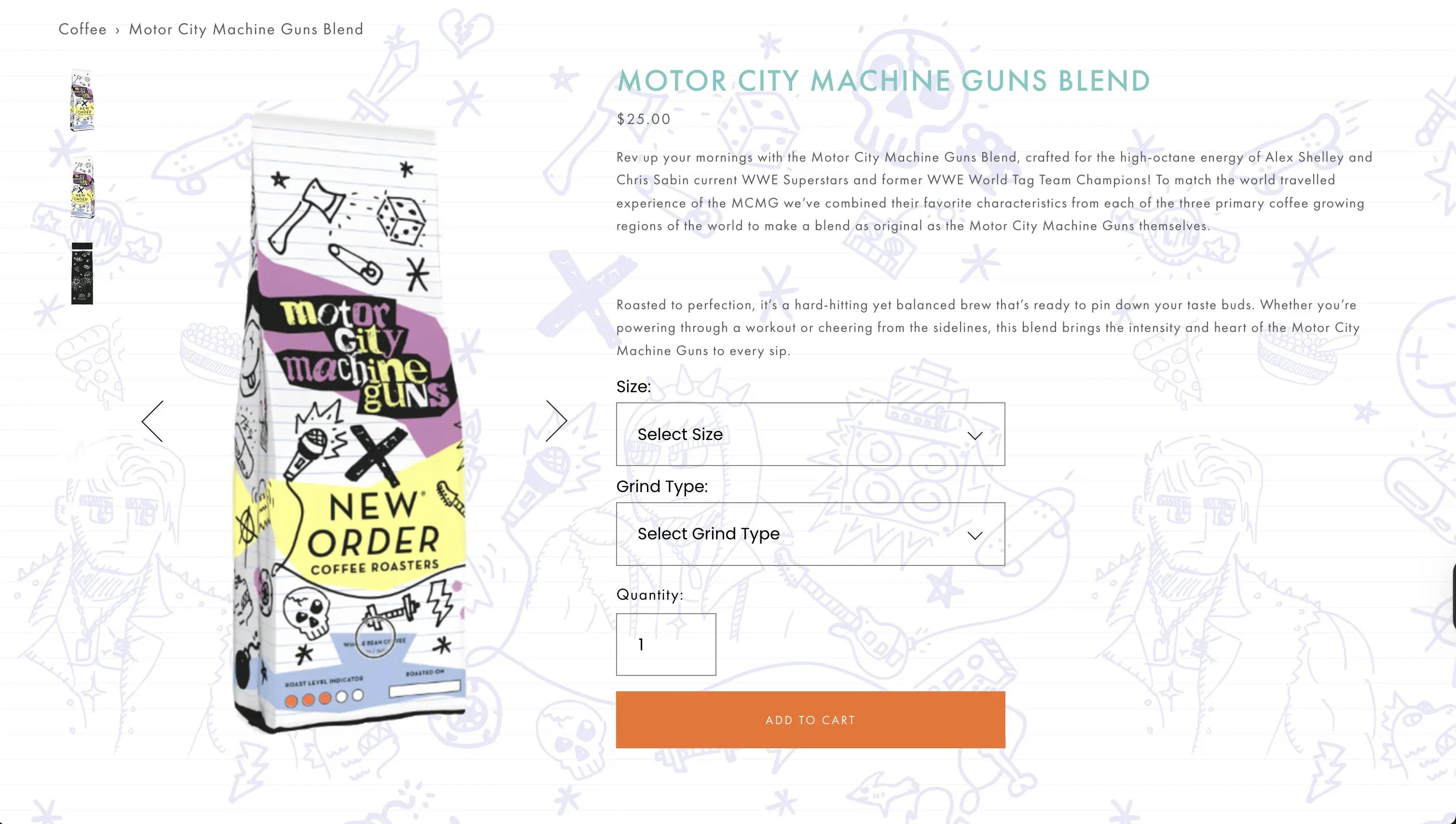New Order Coffee - Motor City Machine Guns Blend - Website Landing Page with custom background..