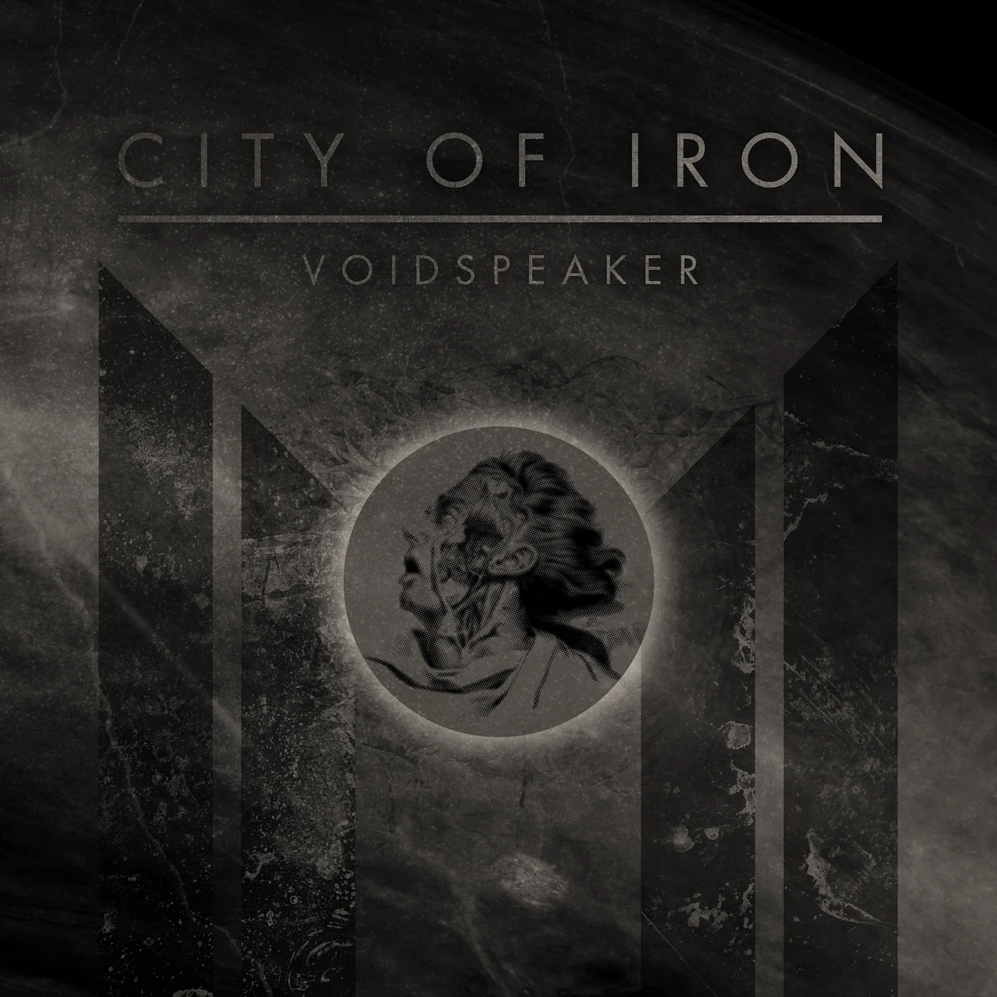 Voidspeaker by City of Iron - Cover art, featuring an anatomical illustration of a corpse with a headwound in front of menacing, black obelisks in deep space.