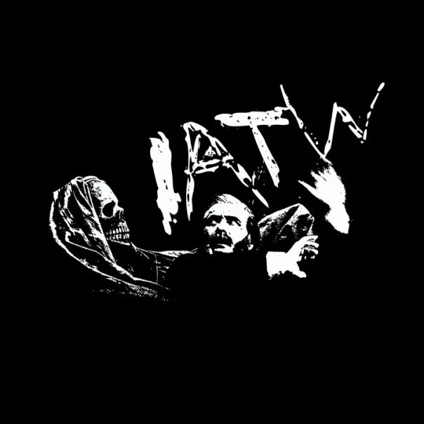 T-shirt design for Idol and the Whip, featuring a still from a classic spirit photograph showing a man being enveloped by the grim reaper.