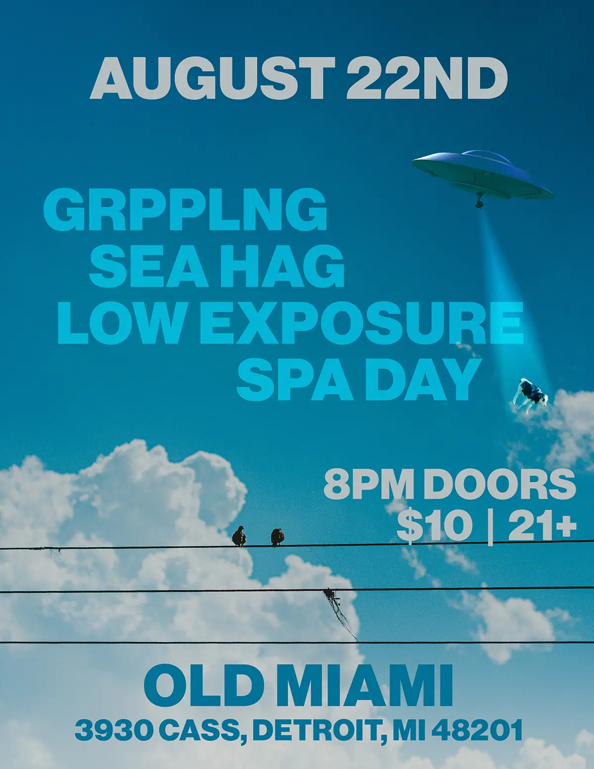 Flyer for GRPPLNG's show at the Old Miami with Sea Hag, Low Exposure, and Spa Day.