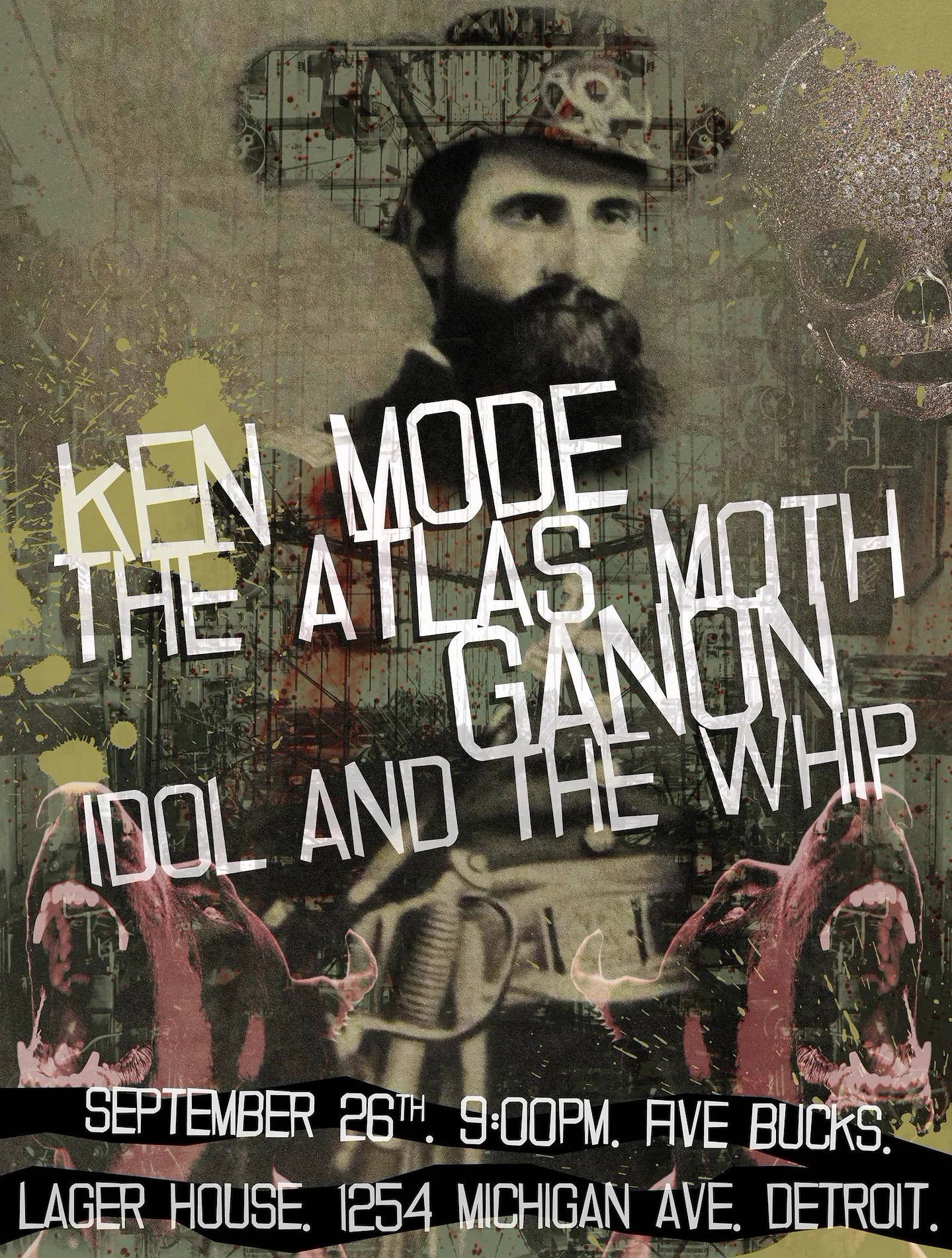 A digital collage show flyer for Ken Mode, The Atlas Moth, Ganon, and Idol and the Whip, featuring snarlign dogs, swords, skulls, and a creepy bearded man.