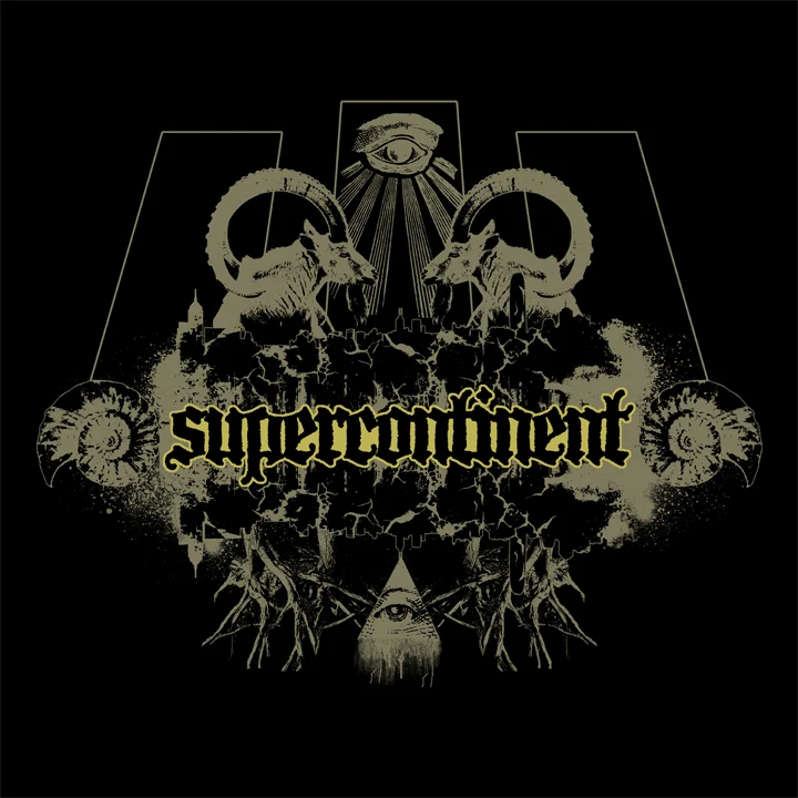 T-shirt design for Supercontinent, featuring the band's name across a collage that includes the all-seeing eye, two rams, nautilus shells, tree roots, and three monolithic rectangles.