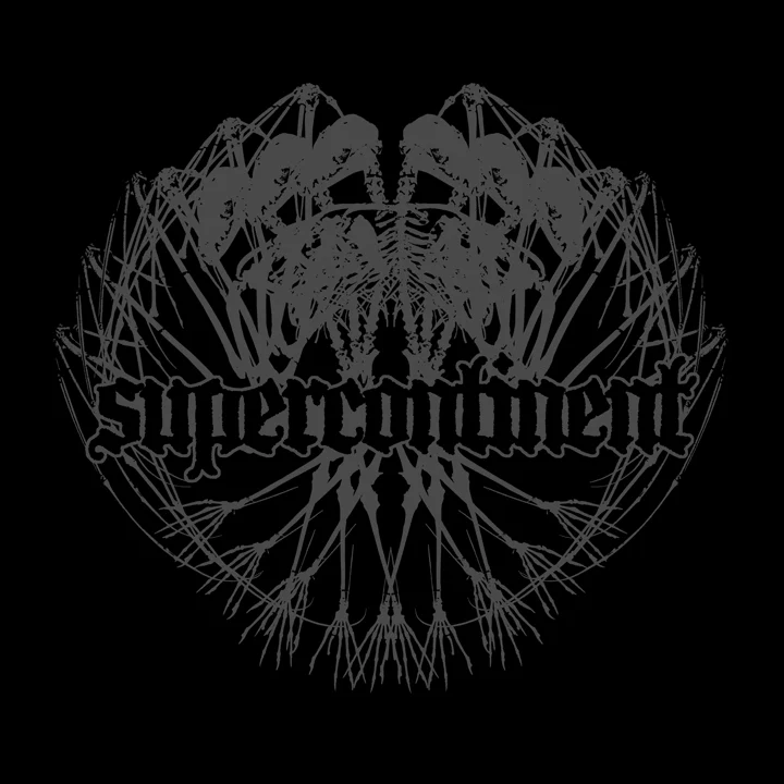 T-shirt design for Supercontinent, featuring the band's name across a repeated bat skeleton pattern.