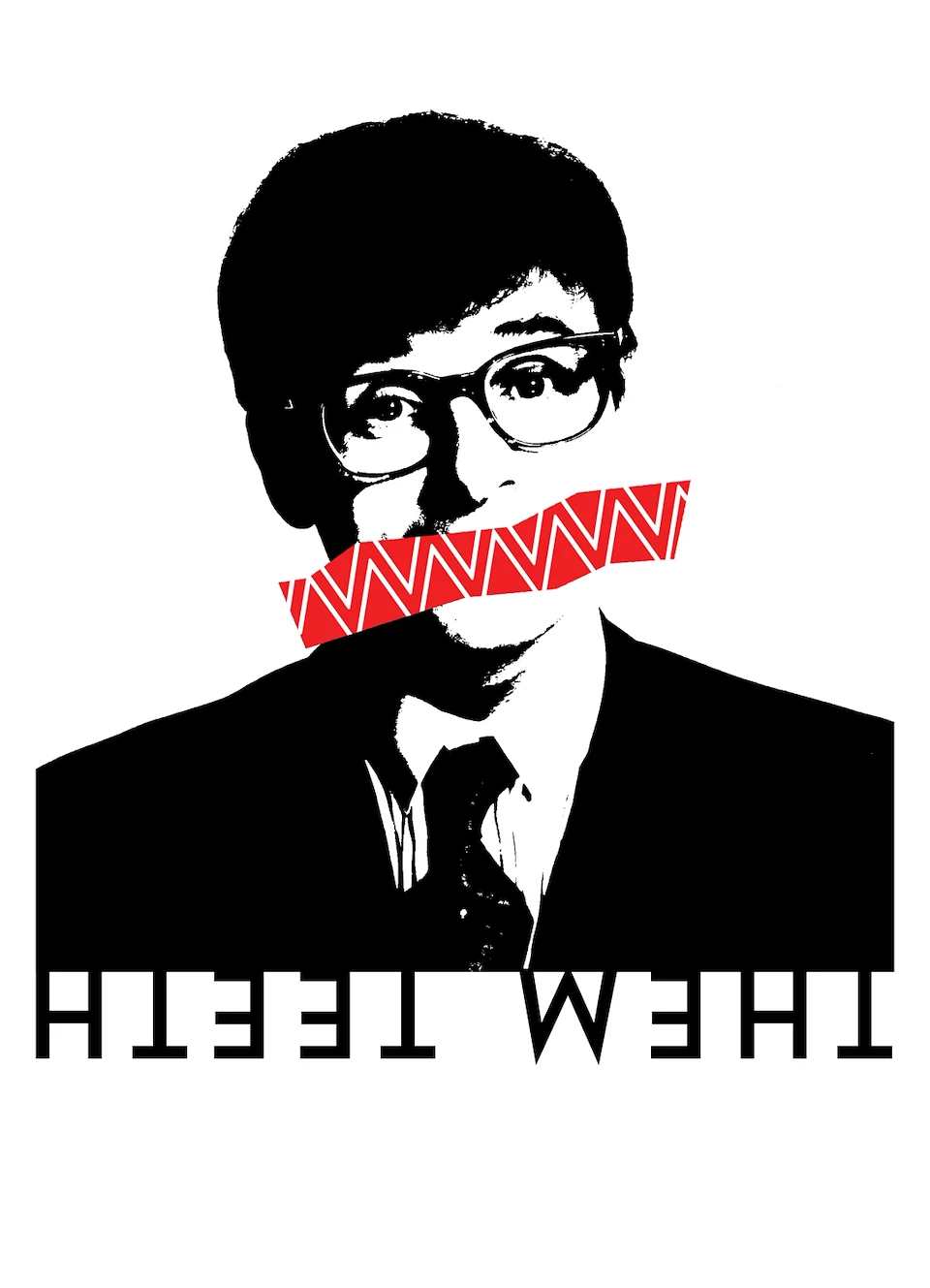 Them Teeth Sticker Design, featuring a high-contrast photo illustration of Rick Moranis with cartoony, pointed teeth slashed across his mouth.