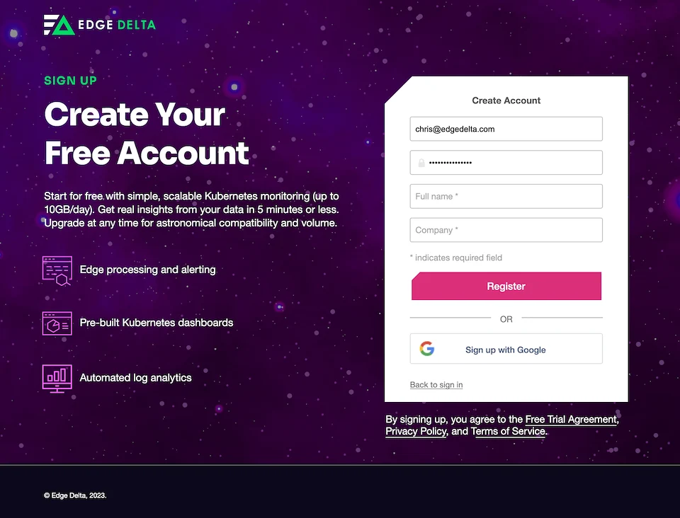 Edge Delta Website - Product Signup Page